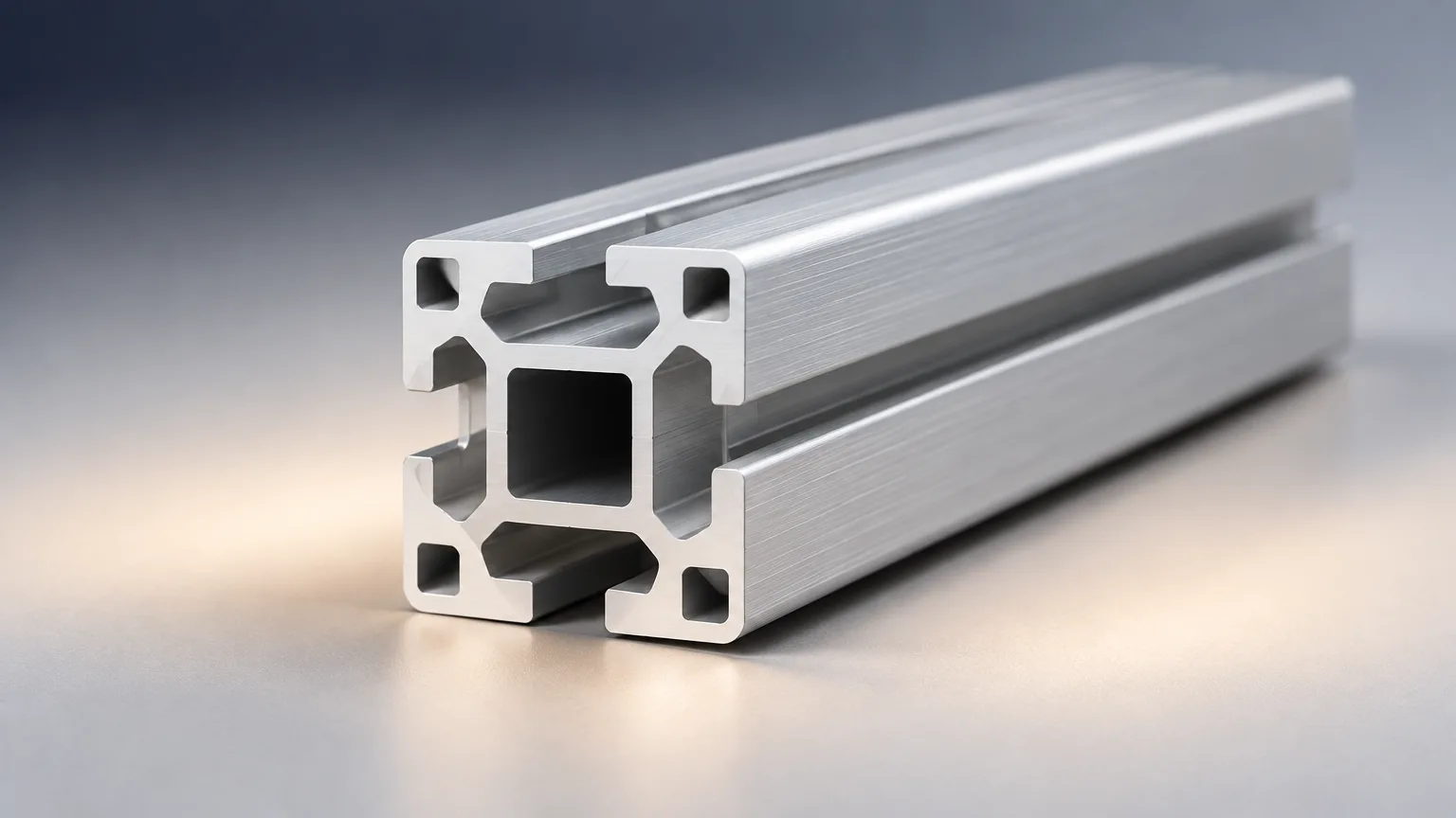 80/20 T-slot aluminum extrusion profile shown at a 3/4 angle with its four slots and center bore on a neutral studio backgrou