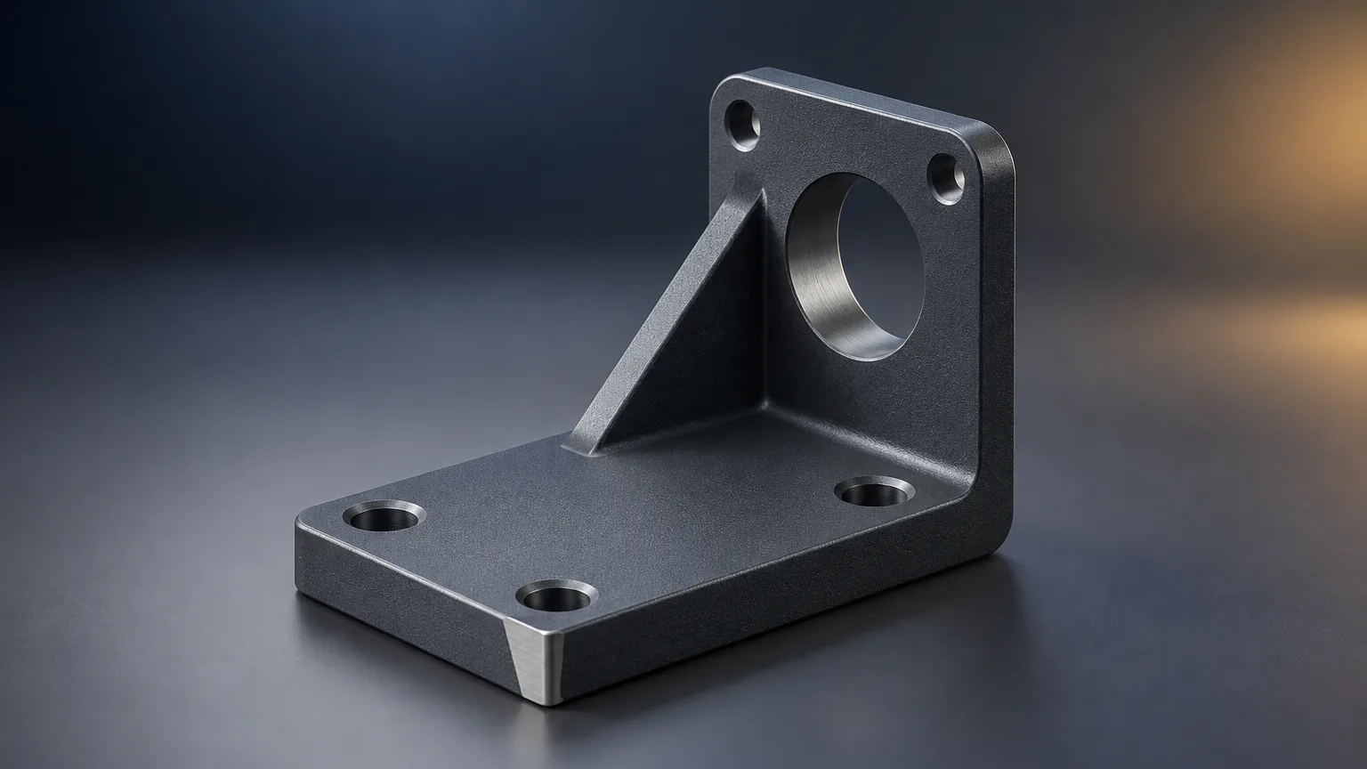 Machined aluminum bracket with smooth charcoal powder-coated finish, showing can you powder coat aluminum in practice