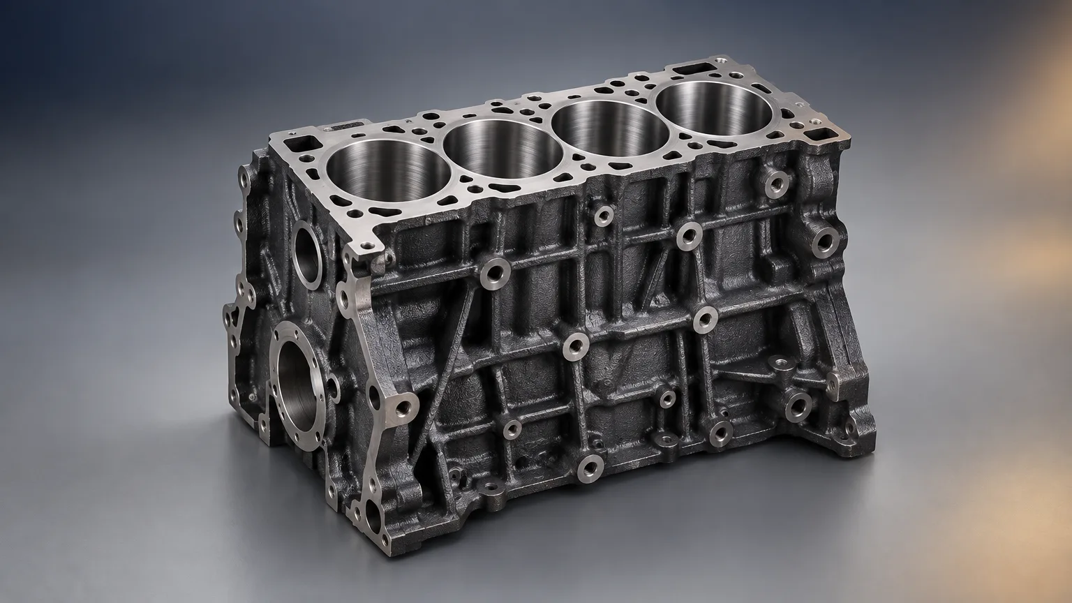 Cast iron engine block casting with machined cylinder bores and deck face