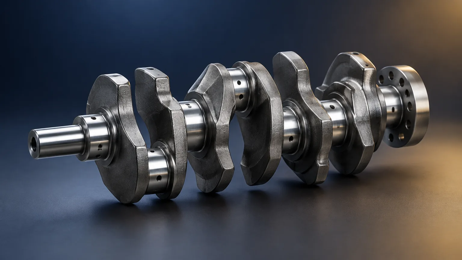 Precision forged steel crankshaft showcasing engine components manufacturing quality on a neutral studio background