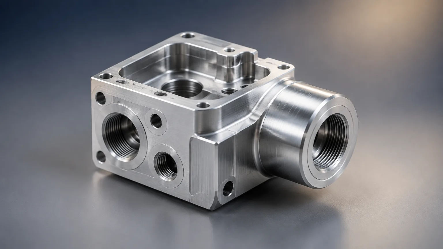 CNC machining center cutting a metal part with a rotating end mill