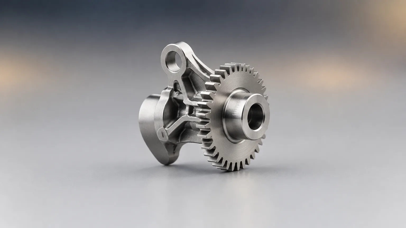 Precision stainless steel gear component made by metal injection molding, shown on a neutral studio background