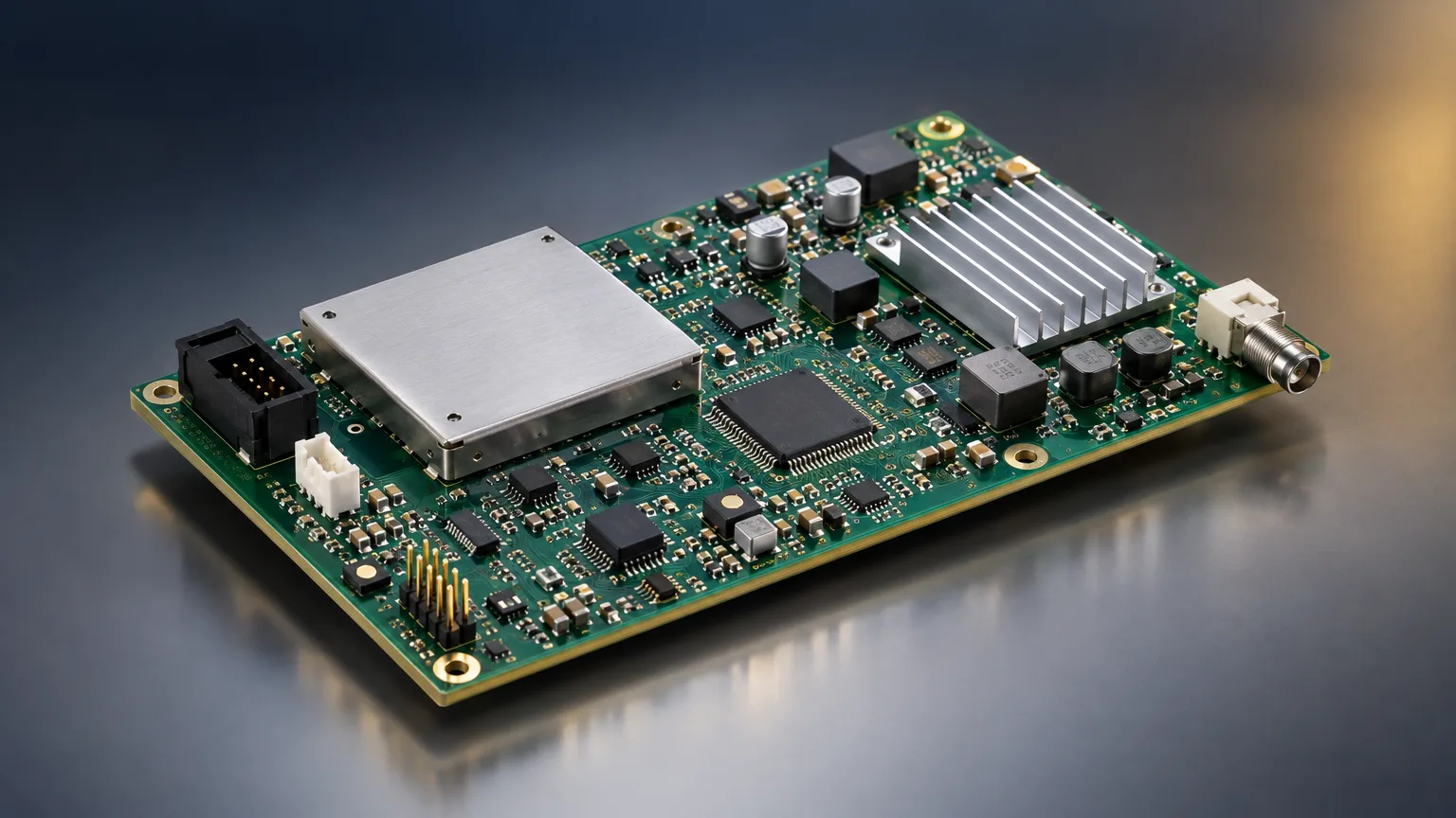 Fully populated PCB assembly with SMT components and solder joints on a neutral studio background, pcb assembly guide overvie