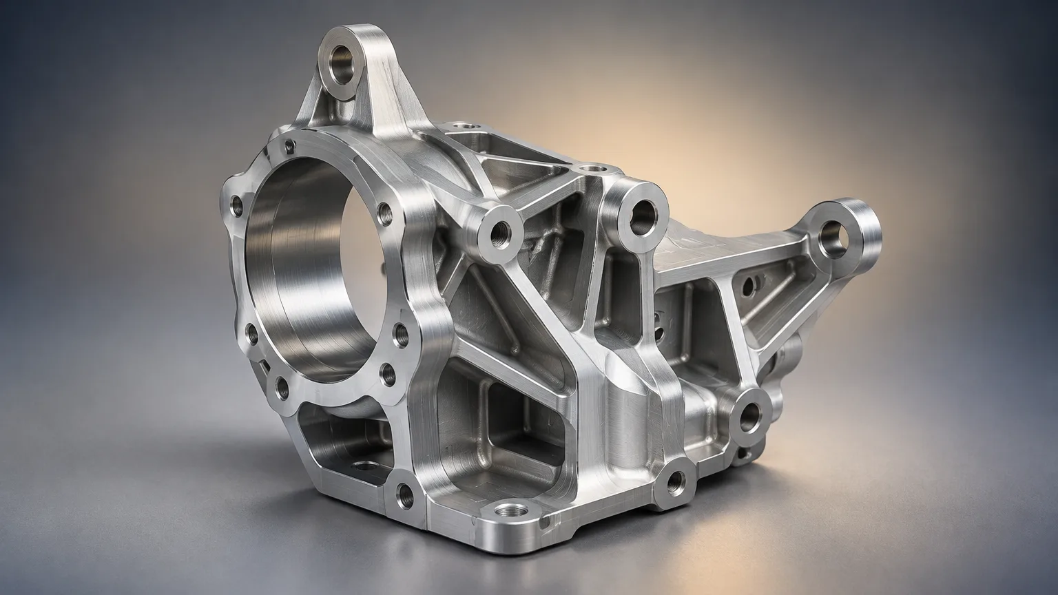 Precision-machined aluminum automotive prototype part showcasing prototype engineering on a neutral studio background