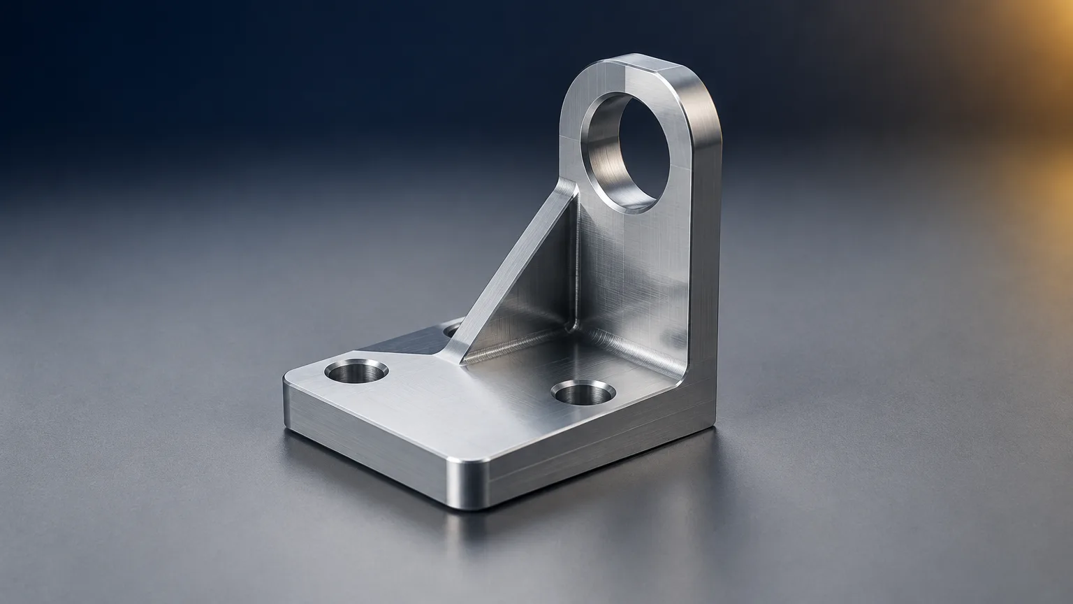 Precision-machined aluminum bracket on a neutral studio background, representing the prototype to production roadmap