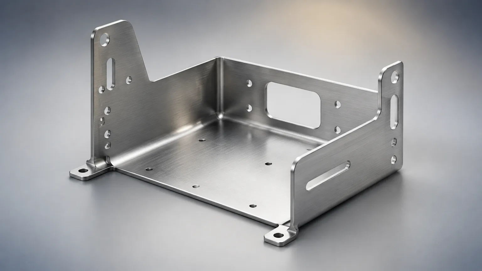Sheet metal parts on a fabrication shop bench with a press brake in the background