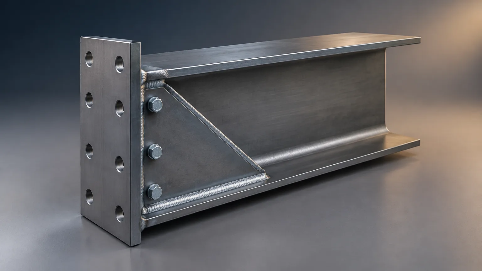 Structural steel fabrication shop with cut, drilled and welded steel members