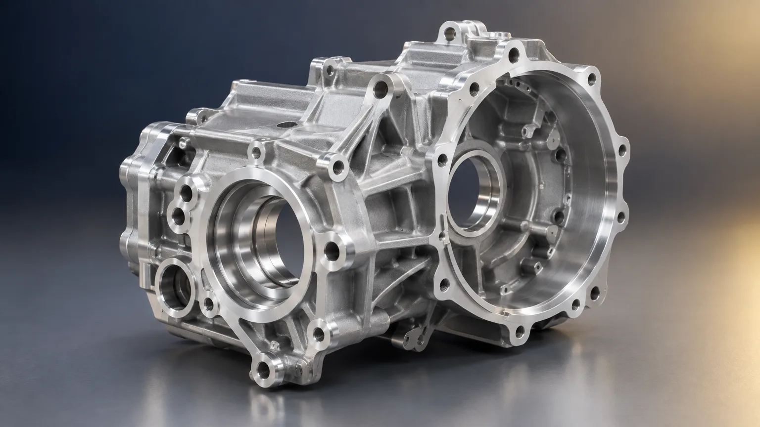 Machined aluminum transmission housing with mounting flanges and bearing bores