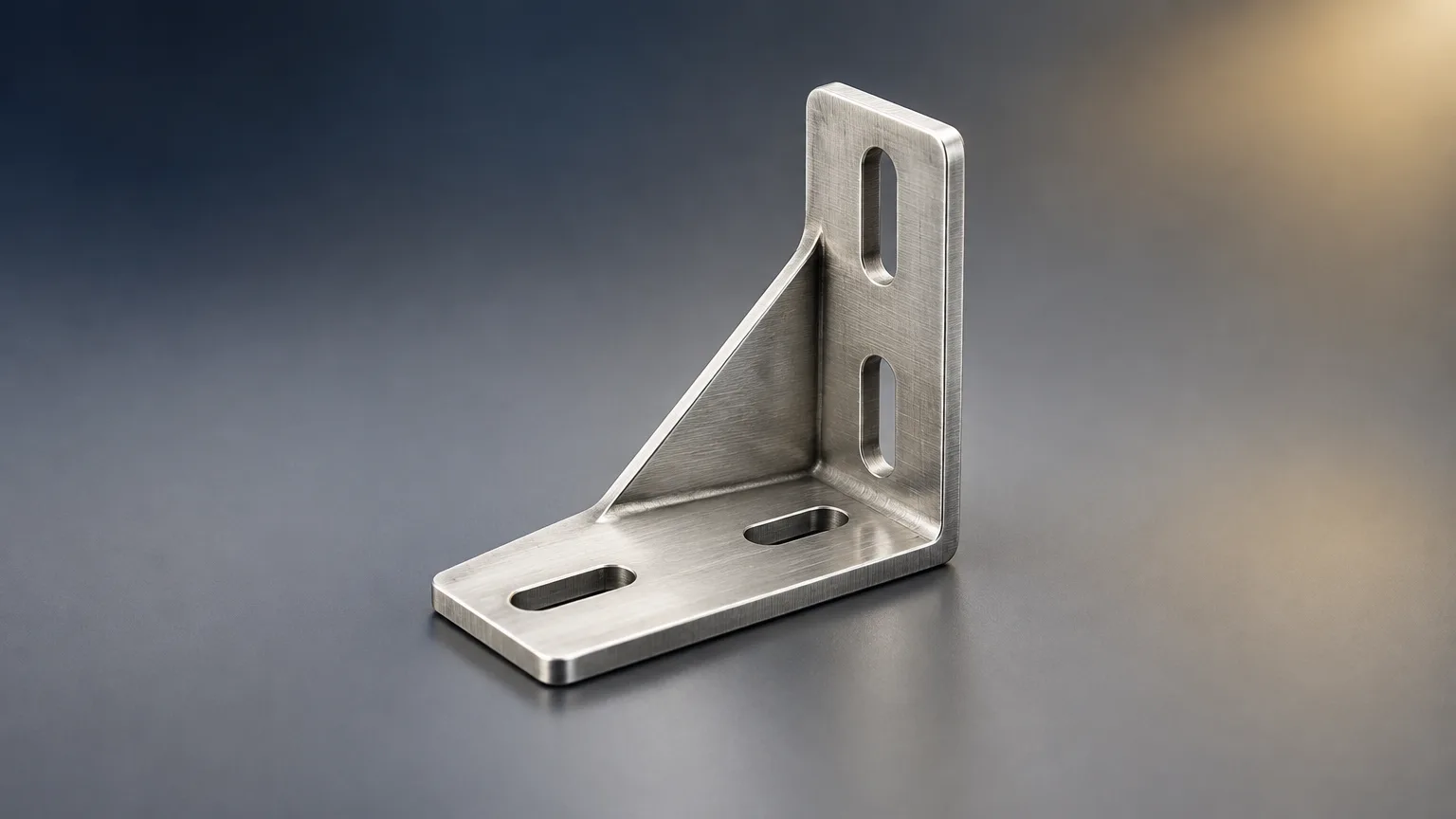 Brushed stainless steel L-shaped gusset bracket, one of the types of mounting brackets, shown on a neutral studio background
