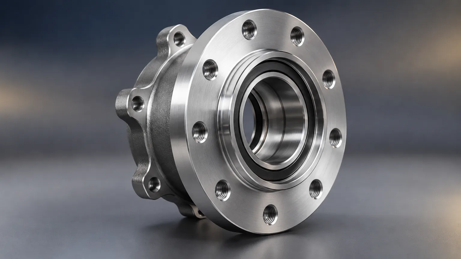 Machined automotive wheel hub and forged wheel components on a production line